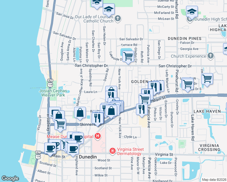 map of restaurants, bars, coffee shops, grocery stores, and more near 1222 Orange Avenue in Dunedin