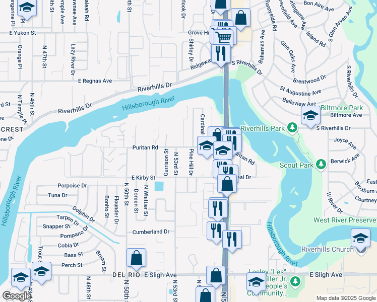 map of restaurants, bars, coffee shops, grocery stores, and more near 7820 Pine Hill Drive in Tampa