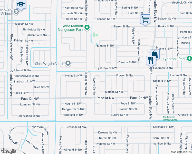 map of restaurants, bars, coffee shops, grocery stores, and more near 920 Lyons Circle Northwest in Palm Bay