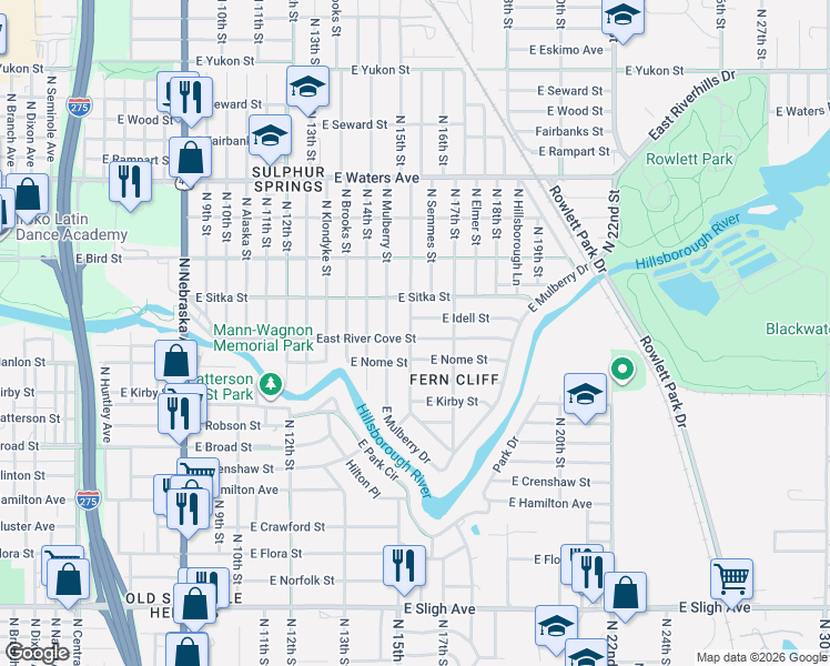 map of restaurants, bars, coffee shops, grocery stores, and more near 1504 East River Cove Street in Tampa