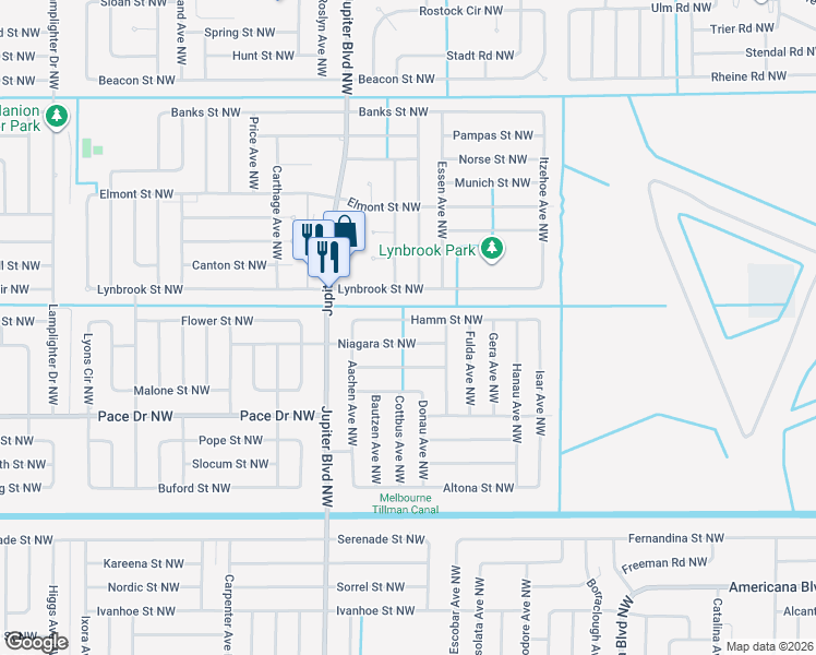 map of restaurants, bars, coffee shops, grocery stores, and more near 802 Hamm Street Northwest in Palm Bay