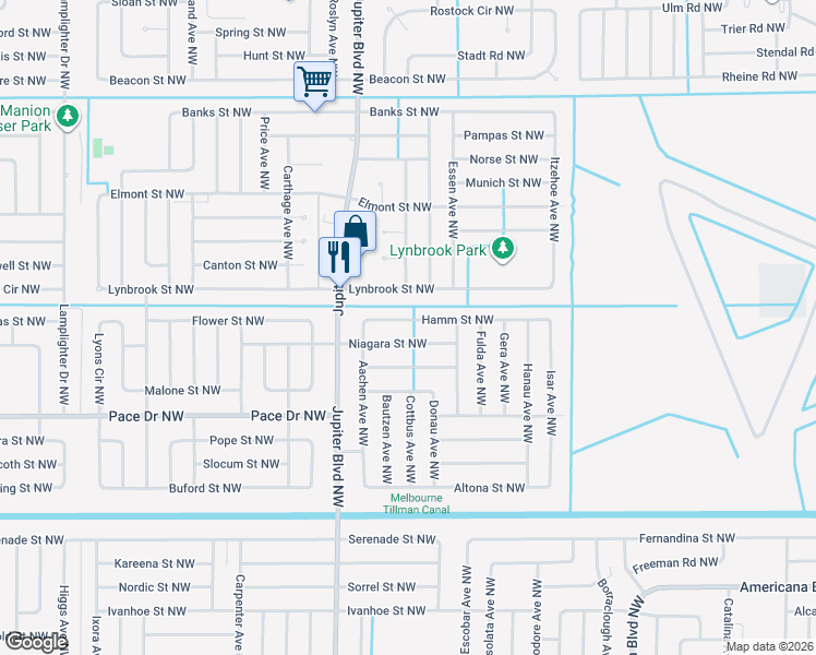 map of restaurants, bars, coffee shops, grocery stores, and more near 802 Hamm Street Northwest in Palm Bay