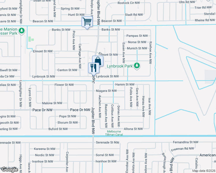 map of restaurants, bars, coffee shops, grocery stores, and more near 802 Hamm Street Northwest in Palm Bay