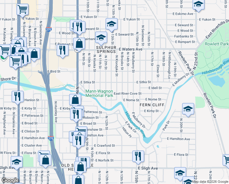 map of restaurants, bars, coffee shops, grocery stores, and more near 1304 East River Cove Street in Tampa