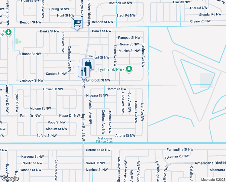 map of restaurants, bars, coffee shops, grocery stores, and more near 762 Hamm Street Northwest in Palm Bay