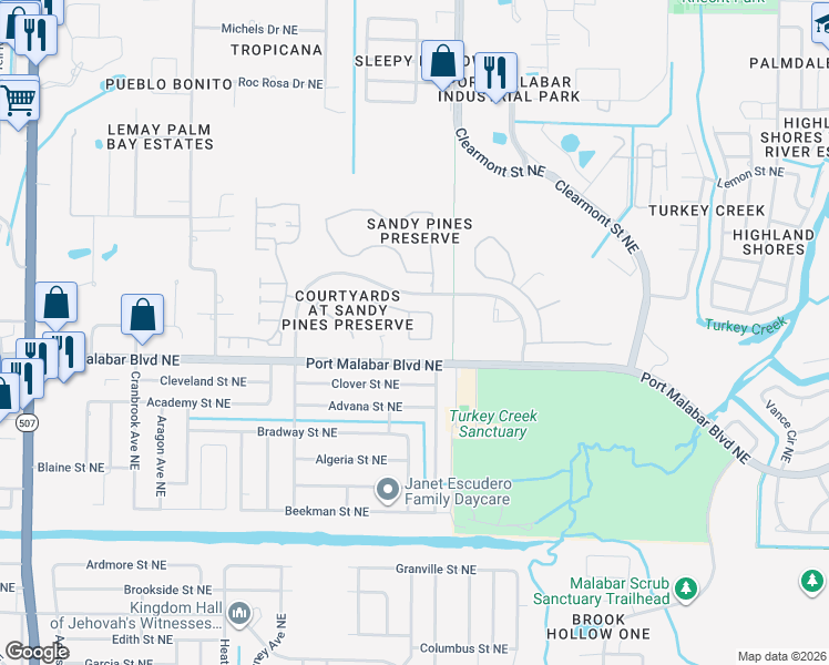 map of restaurants, bars, coffee shops, grocery stores, and more near 2226 Redwood Circle in Palm Bay