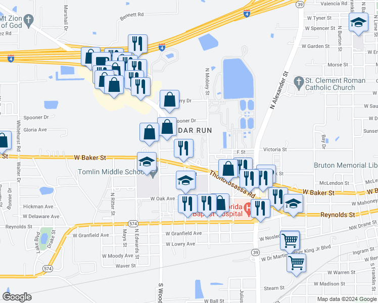 map of restaurants, bars, coffee shops, grocery stores, and more near 105 Southern Oaks Drive in Plant City