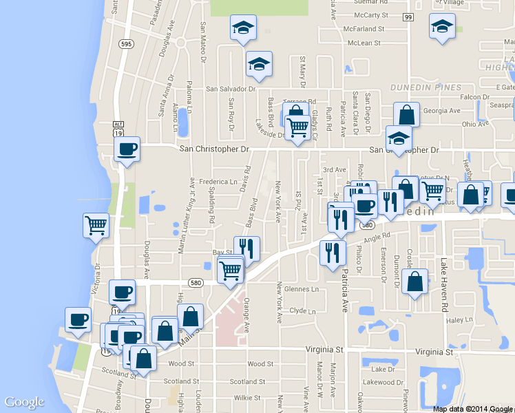 map of restaurants, bars, coffee shops, grocery stores, and more near 1222 Orange Avenue in Dunedin
