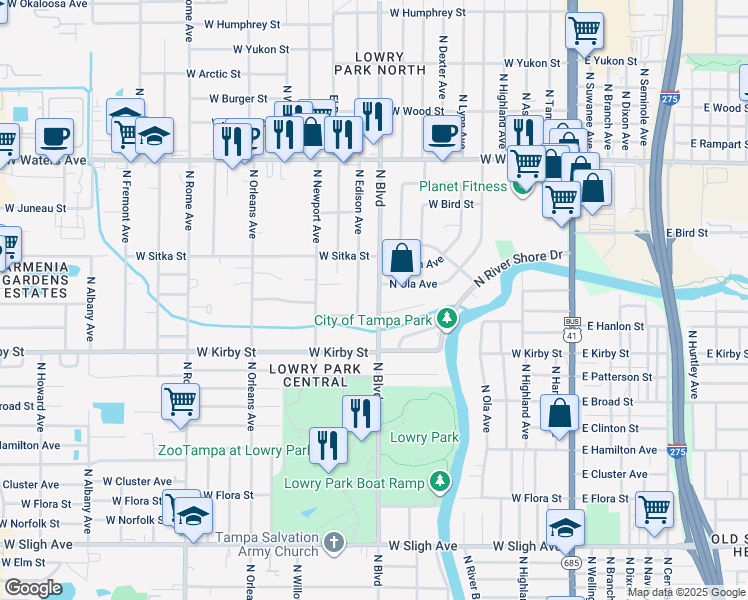 map of restaurants, bars, coffee shops, grocery stores, and more near 7906 North Boulevard in Tampa