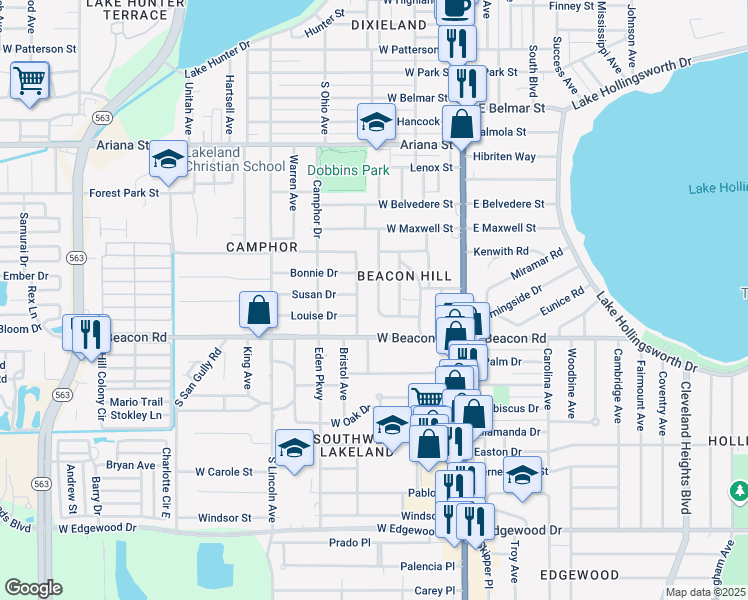 map of restaurants, bars, coffee shops, grocery stores, and more near 1911 Cherokee Trail in Lakeland