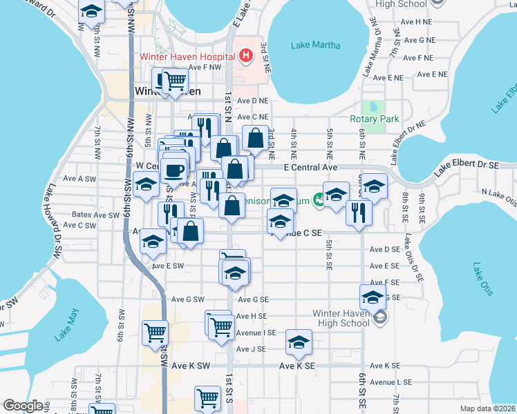 map of restaurants, bars, coffee shops, grocery stores, and more near 204 Avenue B Southeast in Winter Haven