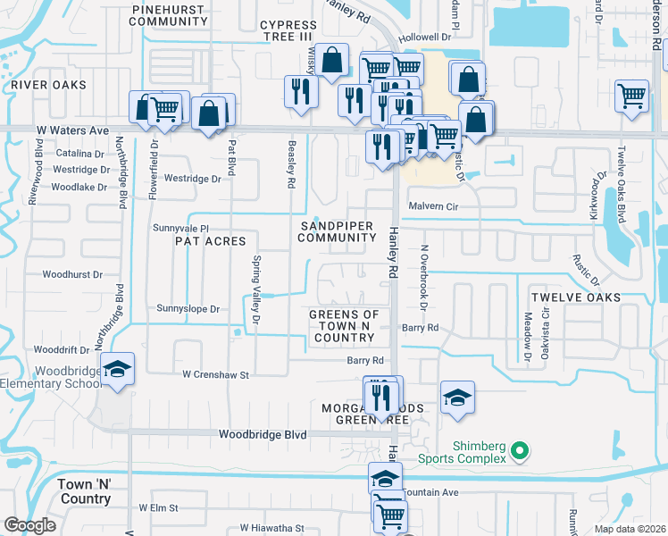 map of restaurants, bars, coffee shops, grocery stores, and more near 7807 Palmera Pointe Circle in Tampa