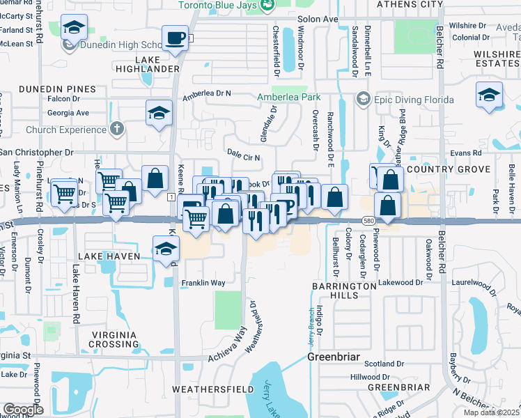 map of restaurants, bars, coffee shops, grocery stores, and more near 1750 Main Street in Dunedin