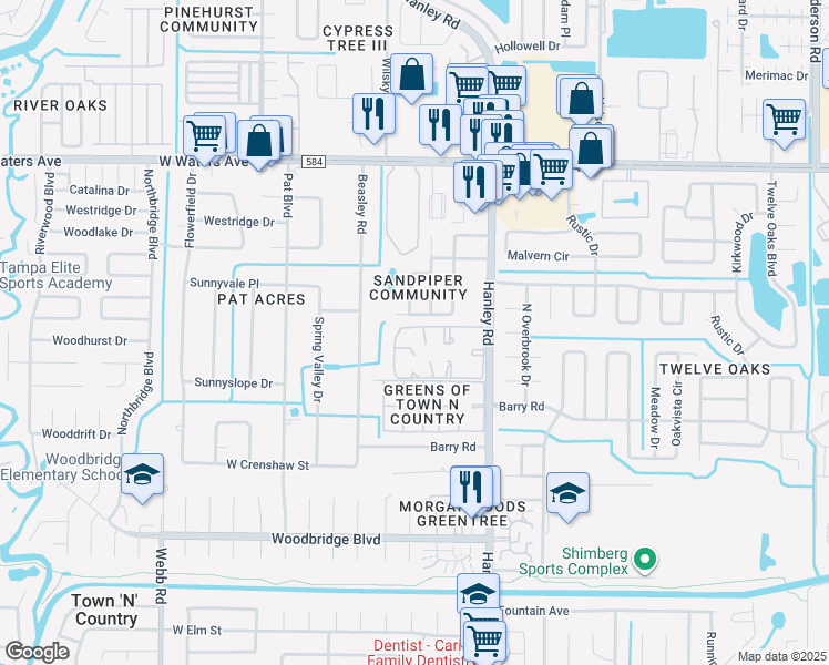 map of restaurants, bars, coffee shops, grocery stores, and more near 7821 Palmera Pointe Circle in Tampa