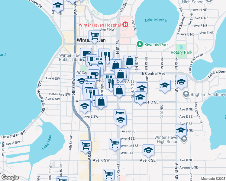 map of restaurants, bars, coffee shops, grocery stores, and more near 122 Avenue B Southeast in Winter Haven