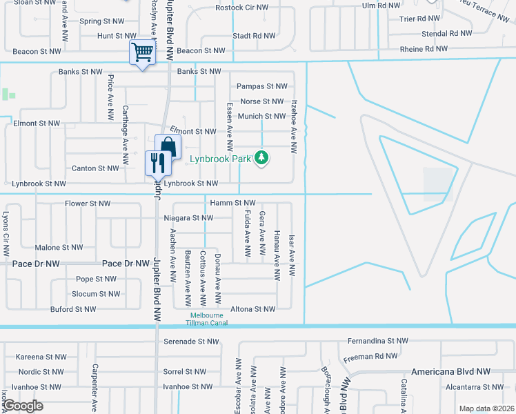 map of restaurants, bars, coffee shops, grocery stores, and more near 899 Fulda Avenue Northwest in Palm Bay