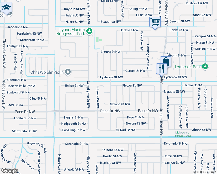 map of restaurants, bars, coffee shops, grocery stores, and more near 924 Highland Avenue Northwest in Palm Bay