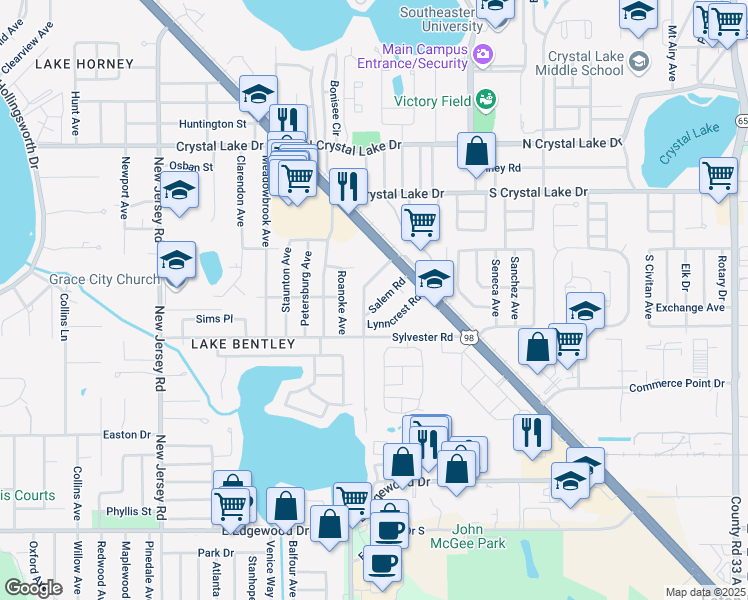 map of restaurants, bars, coffee shops, grocery stores, and more near 1905 Richmond Road in Lakeland