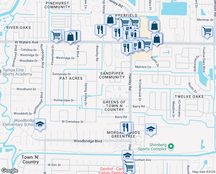 map of restaurants, bars, coffee shops, grocery stores, and more near 7807 Palmera Pointe Circle in Tampa