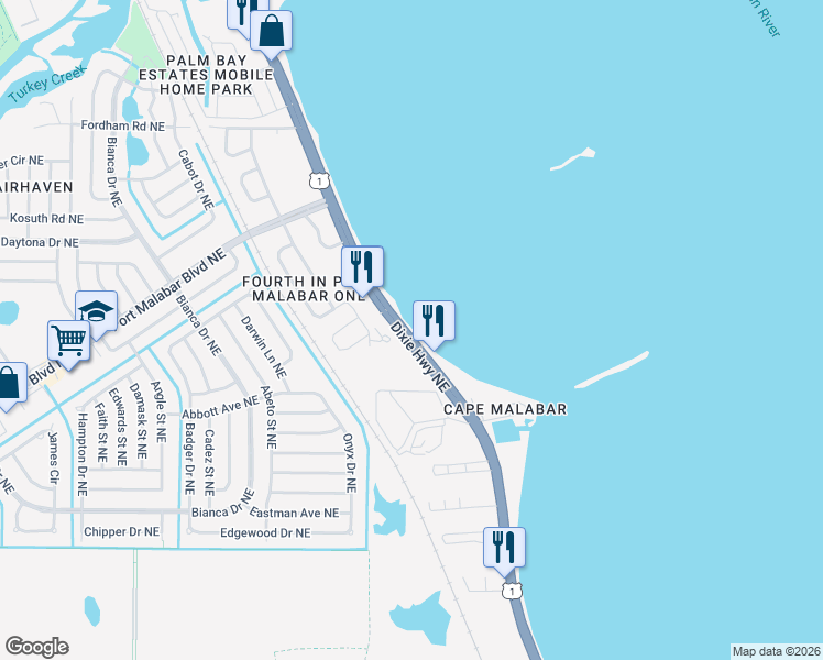 map of restaurants, bars, coffee shops, grocery stores, and more near 860 Vignoles Avenue Northeast in Palm Bay