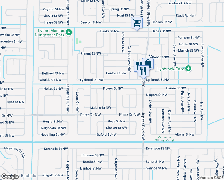 map of restaurants, bars, coffee shops, grocery stores, and more near 891 Hawaii Avenue Northwest in Palm Bay