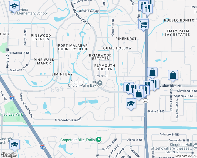 map of restaurants, bars, coffee shops, grocery stores, and more near 725 Port Malabar Boulevard Northeast in Palm Bay