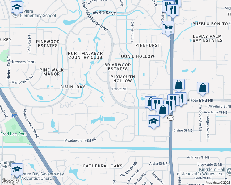 map of restaurants, bars, coffee shops, grocery stores, and more near 725 Port Malabar Boulevard Northeast in Palm Bay