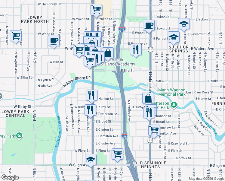 map of restaurants, bars, coffee shops, grocery stores, and more near 312 East Hollywood Street in Tampa