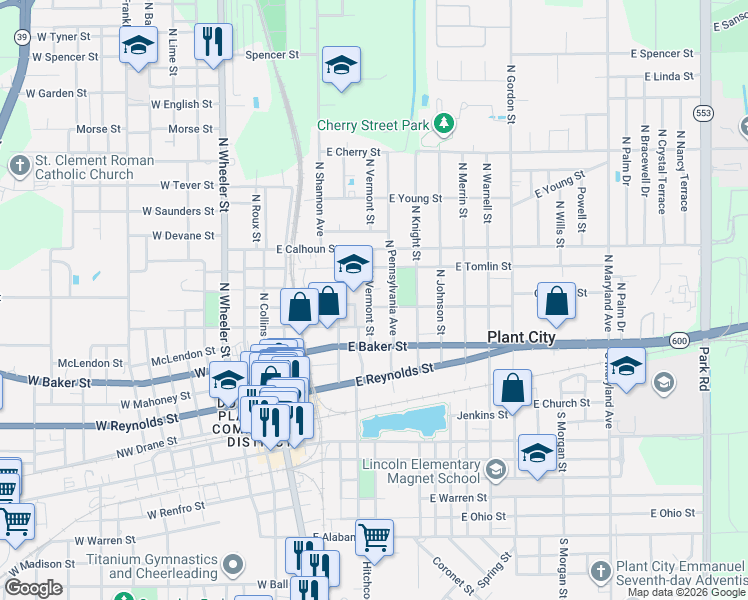 map of restaurants, bars, coffee shops, grocery stores, and more near 704 East Gilchrist Street in Plant City