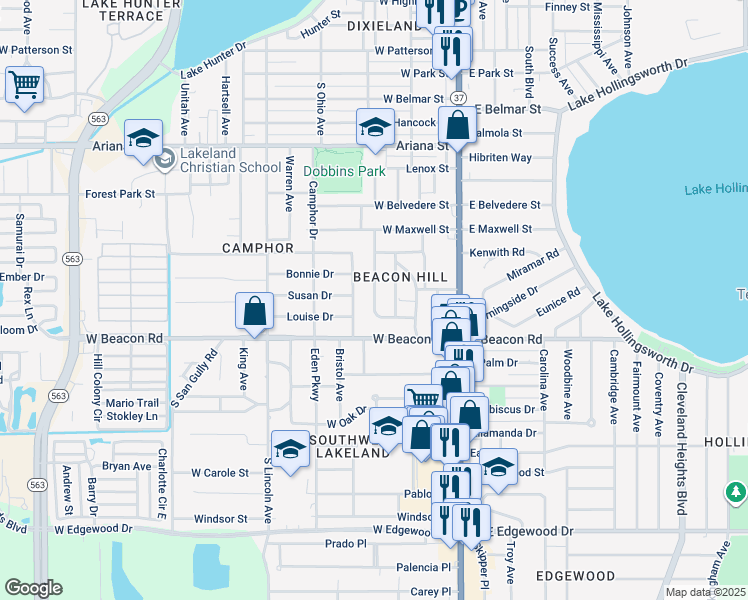 map of restaurants, bars, coffee shops, grocery stores, and more near Cherokee Trail in Lakeland