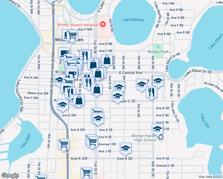 map of restaurants, bars, coffee shops, grocery stores, and more near 204 Avenue B Southeast in Winter Haven