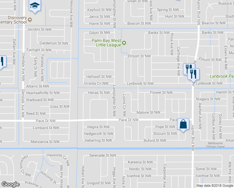 map of restaurants, bars, coffee shops, grocery stores, and more near 883 Lamplighter Drive Northwest in Palm Bay