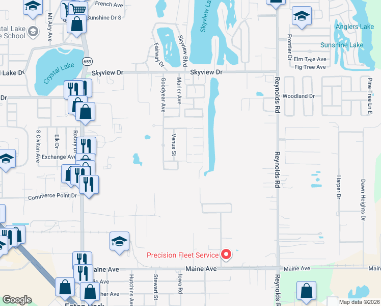 map of restaurants, bars, coffee shops, grocery stores, and more near 3020 Kimberly Way in Lakeland