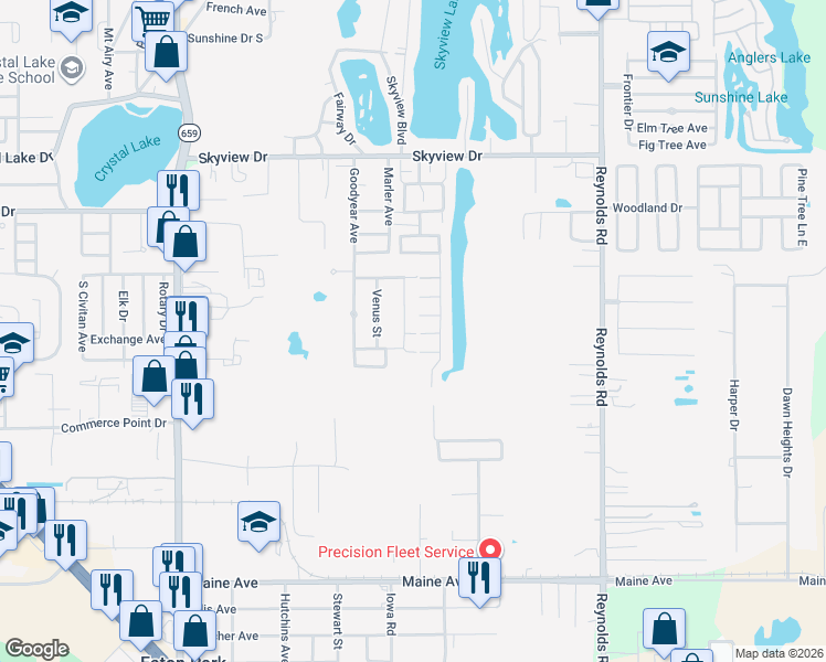 map of restaurants, bars, coffee shops, grocery stores, and more near 3020 Kimberly Way in Lakeland