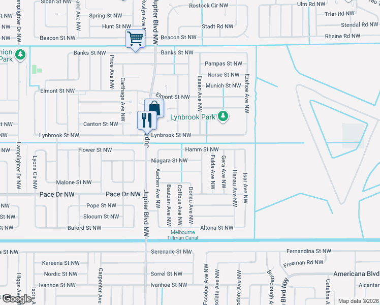 map of restaurants, bars, coffee shops, grocery stores, and more near 762 Hamm Street Northwest in Palm Bay