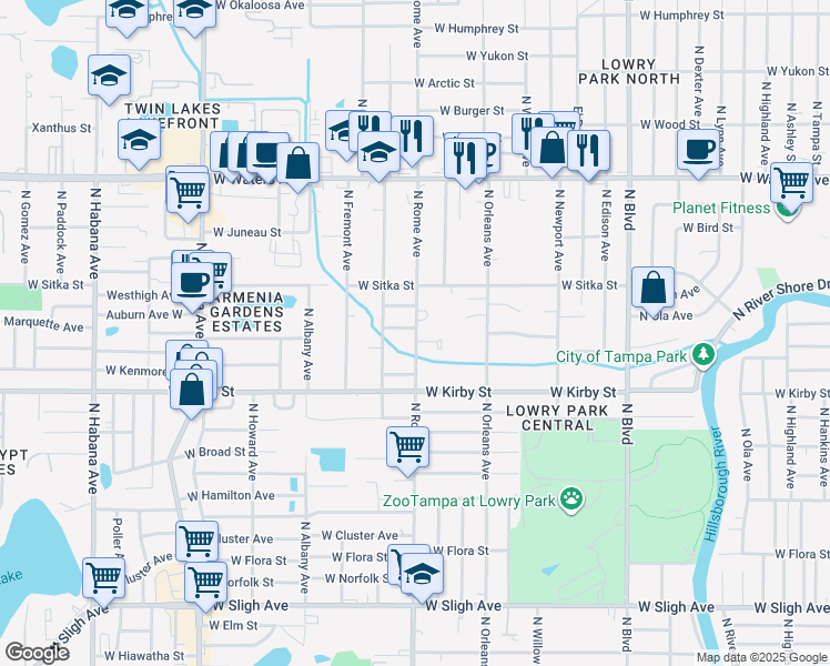 map of restaurants, bars, coffee shops, grocery stores, and more near 1700 West Hollywood Street in Tampa