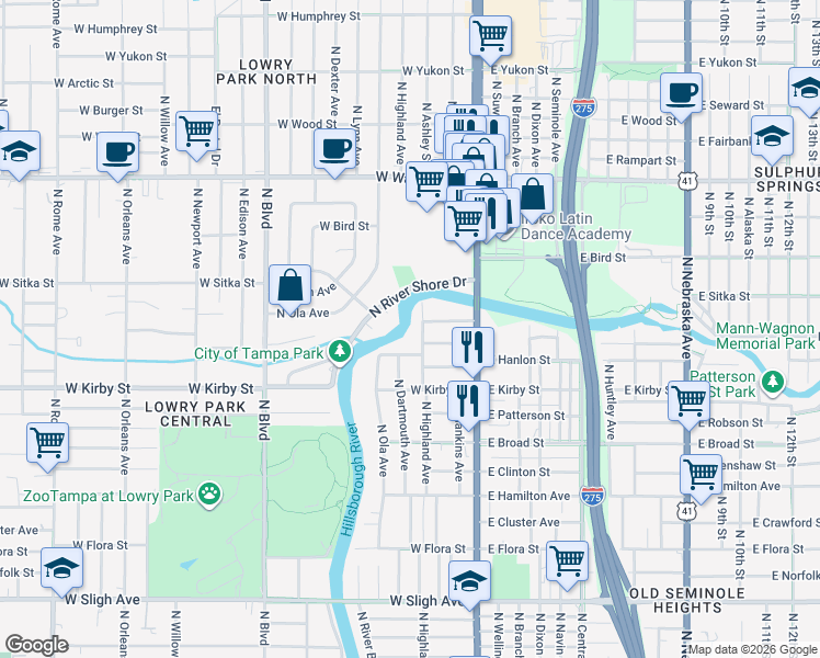 map of restaurants, bars, coffee shops, grocery stores, and more near 7910 North Highland Avenue in Tampa