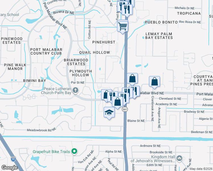 map of restaurants, bars, coffee shops, grocery stores, and more near 1671 Dawes Road Northeast in Palm Bay