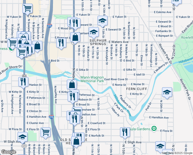 map of restaurants, bars, coffee shops, grocery stores, and more near 8002 North 12th Street in Tampa