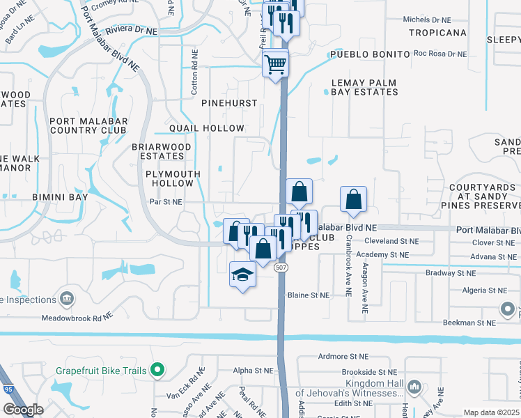 map of restaurants, bars, coffee shops, grocery stores, and more near 1665 Avery Road Northeast in Palm Bay