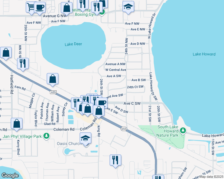 map of restaurants, bars, coffee shops, grocery stores, and more near 2456 Bates Avenue Southwest in Winter Haven