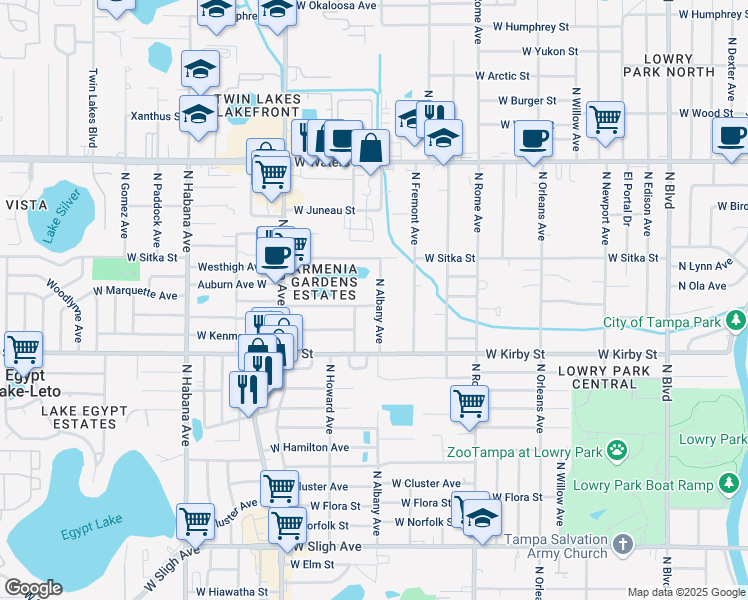 map of restaurants, bars, coffee shops, grocery stores, and more near 2101 West Marquette Avenue in Tampa