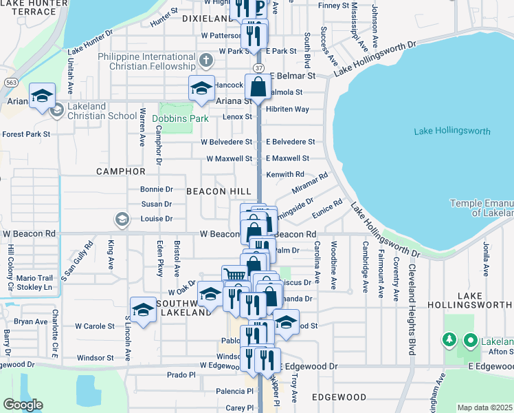 map of restaurants, bars, coffee shops, grocery stores, and more near 1915 Florida Avenue South in Lakeland