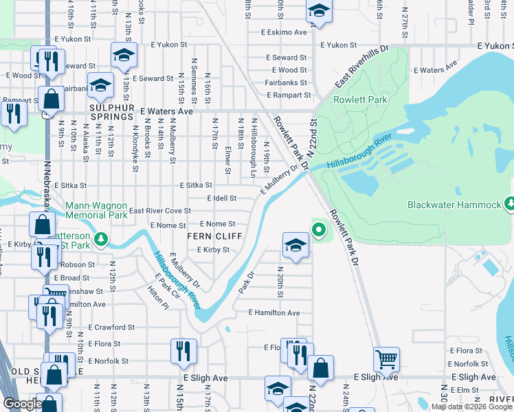 map of restaurants, bars, coffee shops, grocery stores, and more near 1902 East Mulberry Drive in Tampa