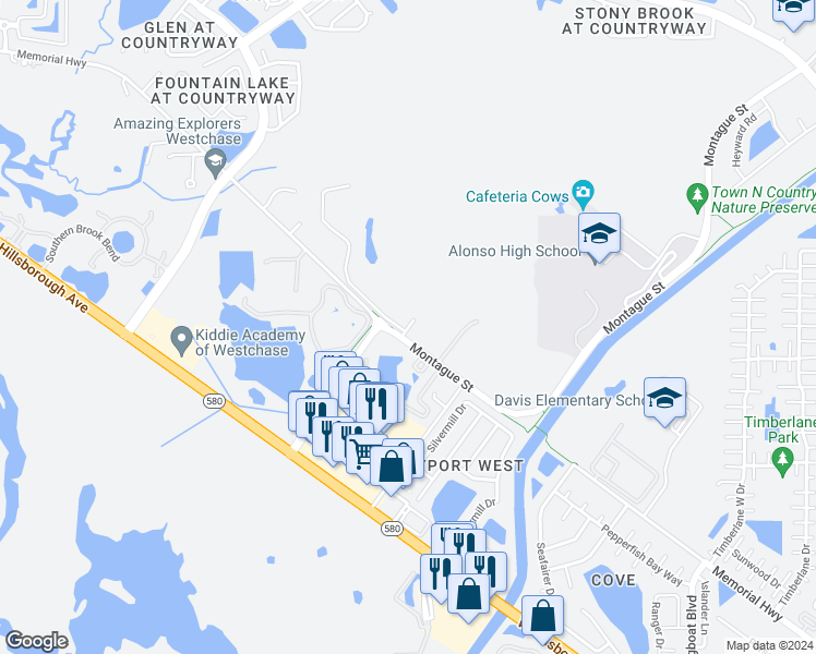 map of restaurants, bars, coffee shops, grocery stores, and more near 8122 Champions Forest Way in Tampa