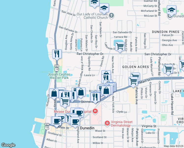 map of restaurants, bars, coffee shops, grocery stores, and more near 614 Laura Lane in Dunedin