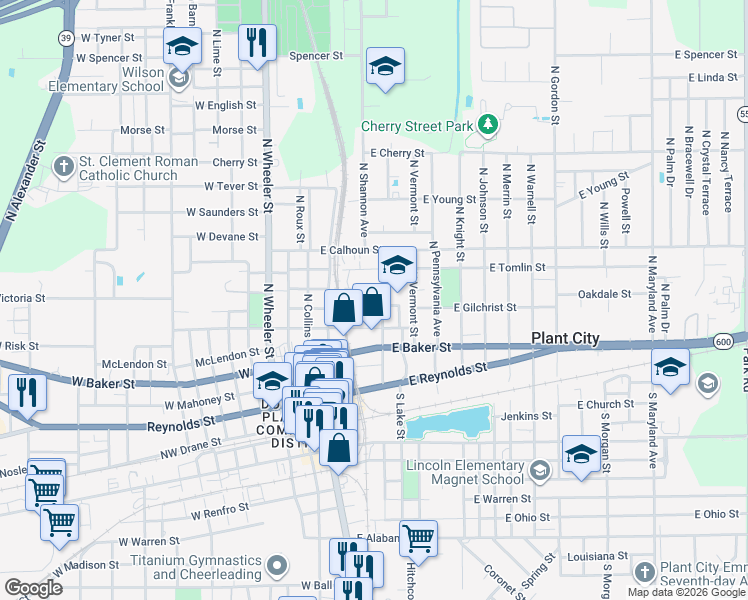 map of restaurants, bars, coffee shops, grocery stores, and more near 502 East Gilchrist Street in Plant City