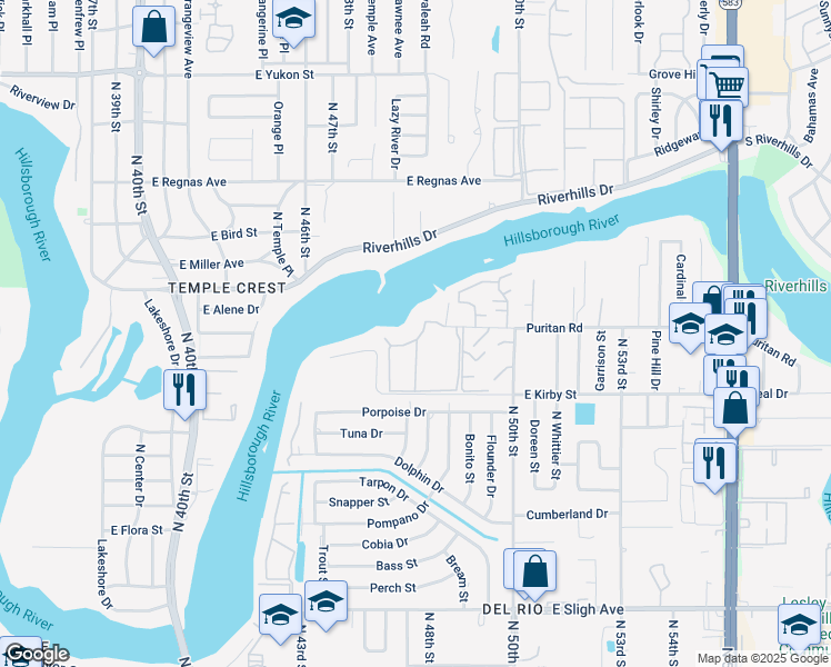 map of restaurants, bars, coffee shops, grocery stores, and more near 5106 Puritan Circle in Tampa