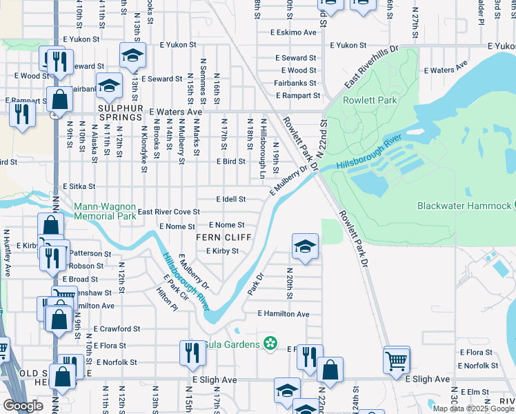 map of restaurants, bars, coffee shops, grocery stores, and more near 1902 East Mulberry Drive in Tampa