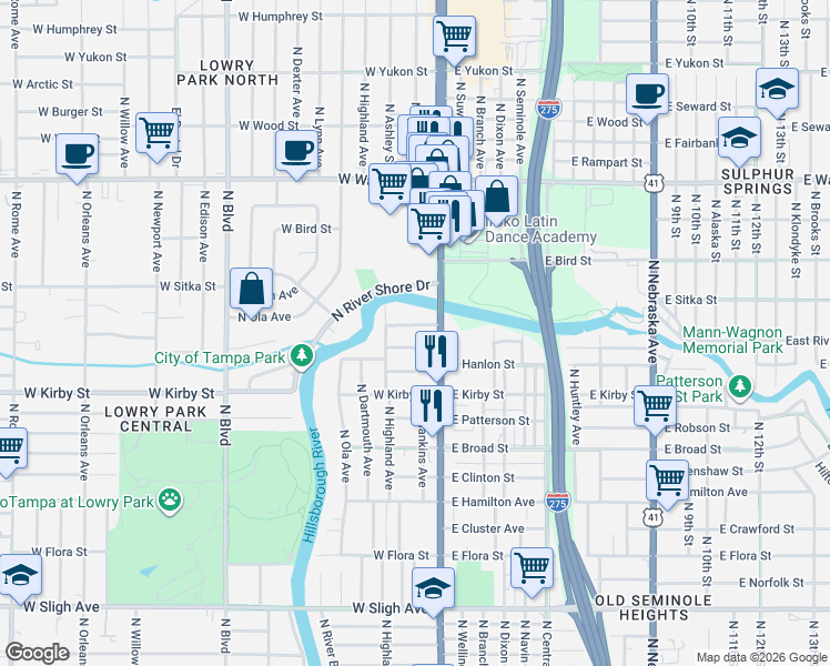 map of restaurants, bars, coffee shops, grocery stores, and more near 118 West Stanley Street in Tampa